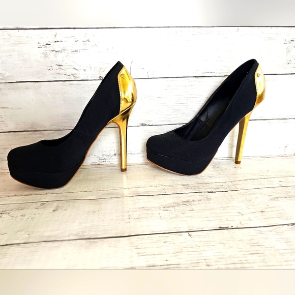 Colin Stuart Stunning Black & Gold High Heels Shoes Dressy Formal Size 8.5B - Picture 4 of 11